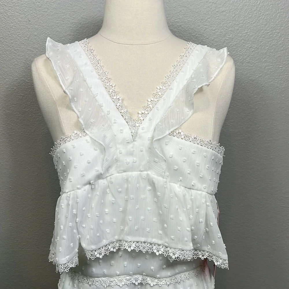 NWT Monique Lhullier White Midi Dress Eyelet Blouson Raised Polka Dots Lace 6 - Picture 5 of 13